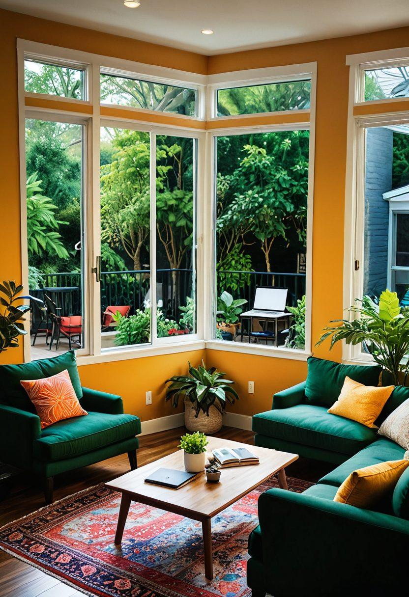 A welcoming home environment showcasing an affordable housing solution, featuring a diverse family happily exploring options in a cozy living room filled with house-hunting materials. Include a laptop displaying housing listings and a lush green patio outside the window for a touch of nature. The scene should radiate positivity and hope for a new beginning. super-realistic. vibrant colors. warm lighting.