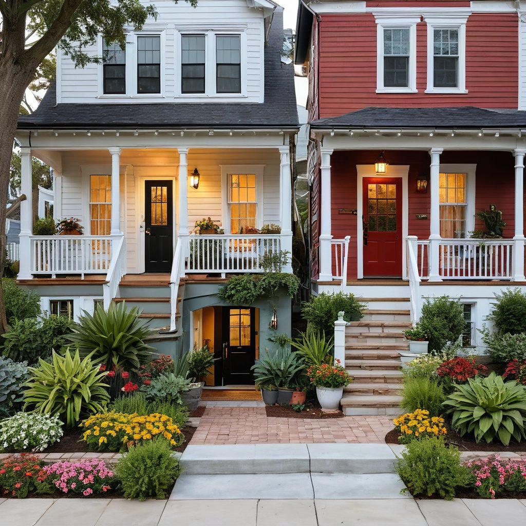 A split scene depicting a diverse range of housing options, with a cozy apartment on one side and a welcoming house on the other. Include a thoughtful tenant and an attentive landlord engaging in discussion, surrounded by illustrated pros and cons of renting and owning. Warm lighting to evoke a sense of community and comfort. super-realistic. vibrant colors. white background.