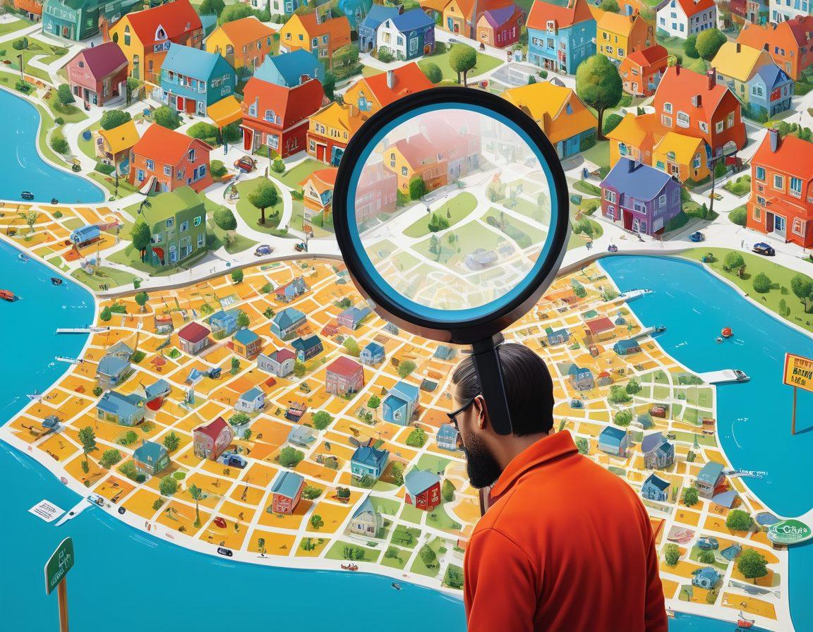 A visually striking illustration of a person holding a magnifying glass over a colorful neighborhood map with rental signs, keys, and dollar signs scattered around. Incorporate diverse people discussing and engaging about housing options in a vibrant urban setting. The scene should convey a sense of community and opportunity in the housing market. super-realistic. vibrant colors. white background.